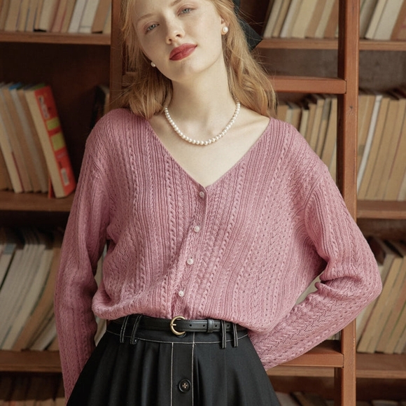Simple Retro Pink Cable Knit Sweater - Picture 1 of 8